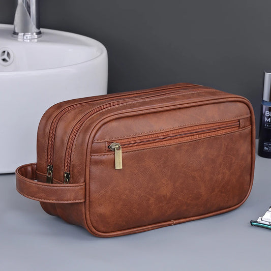 Double-Layer PU Leather Travel Toiletry Bag for Men