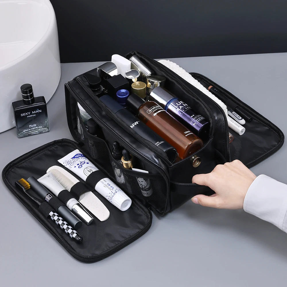 Multi-Pocket PU Leather Hanging Toiletry Bag