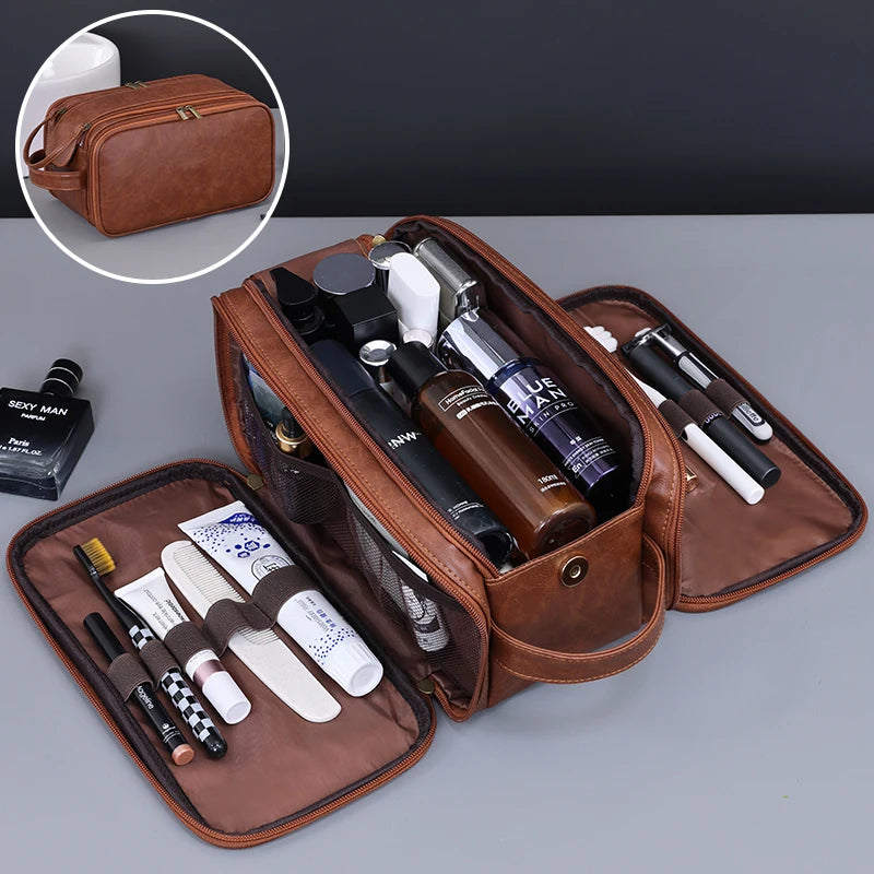 Multi-Pocket PU Leather Hanging Toiletry Bag