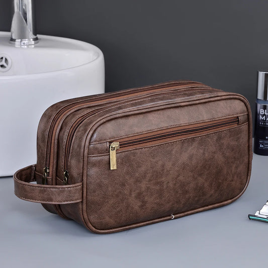 Double-Layer PU Leather Travel Toiletry Bag for Men